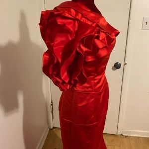 Red ruffled one arm formal gown with train